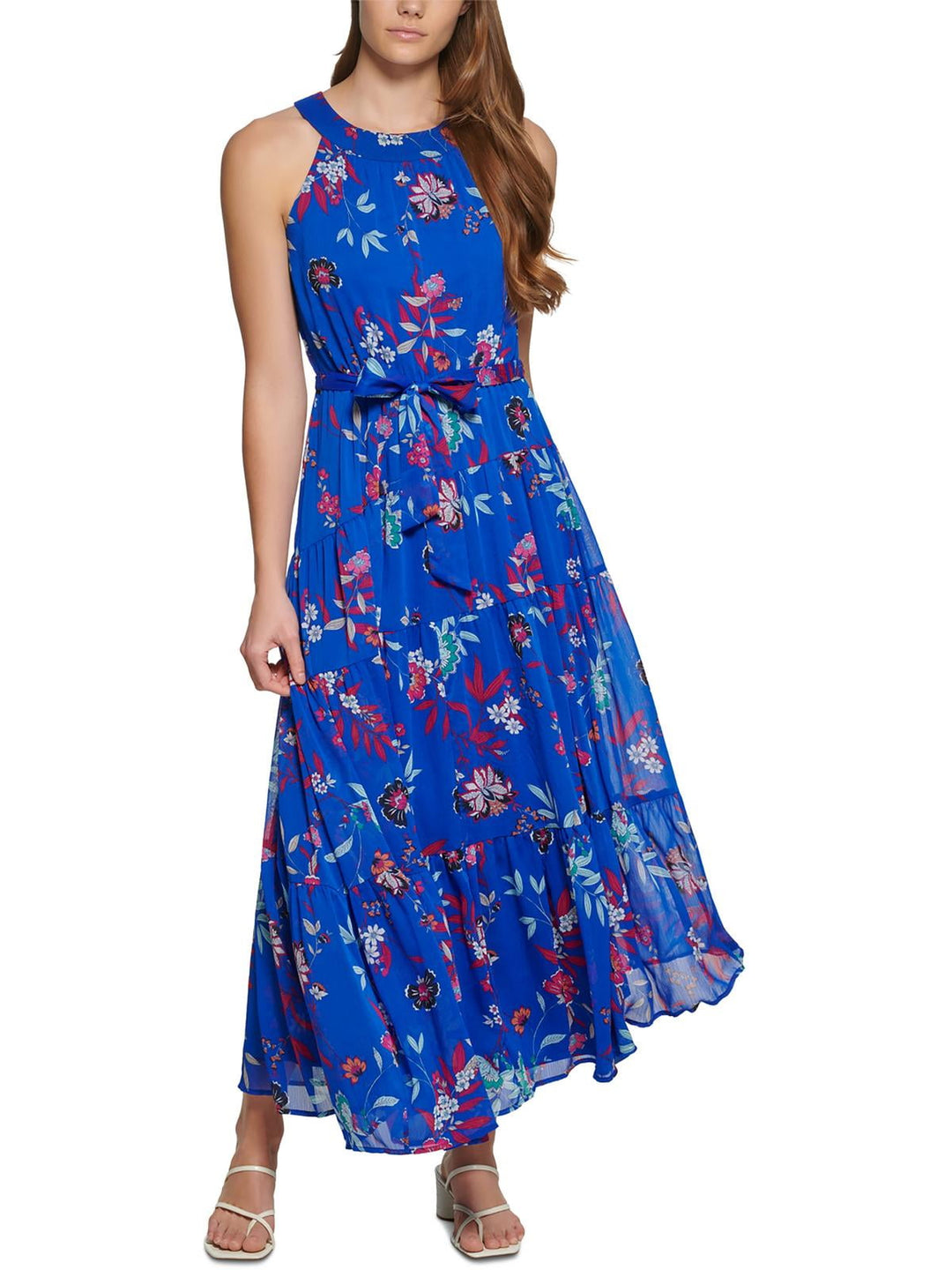 Calvin Klein Women's Floral Print Belted Tiered Halter Maxi Dress Blue Size 12 Petite