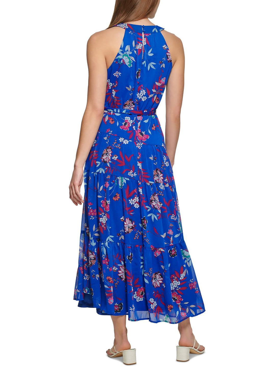 Calvin Klein Women's Floral Print Belted Tiered Halter Maxi Dress Blue Size 12 Petite