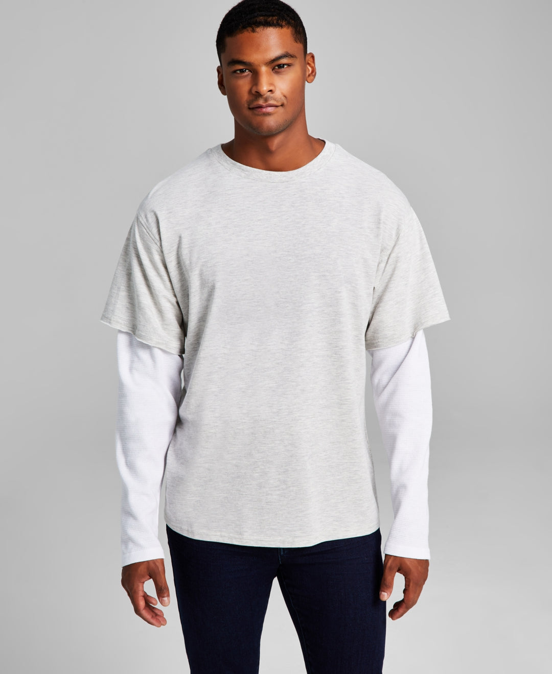 And Now This Men's Oversized Fit Layered Contrast Long Sleeve T-Shirt Gray