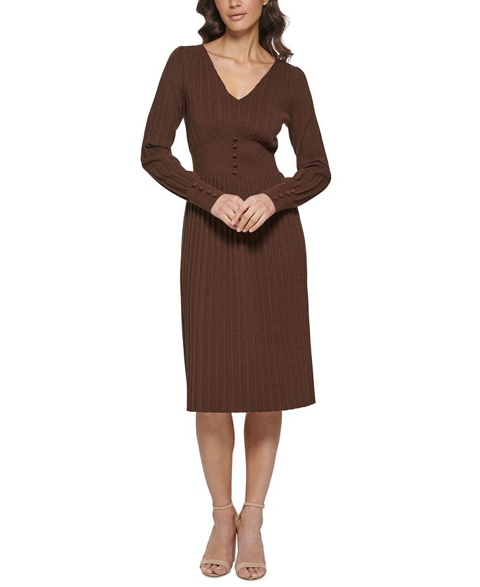 Kensie Women's Pintuck Long Sleeve Sweater Knit Dress Brown Size Medium