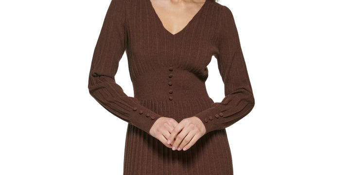 Kensie Women's Pintuck Long Sleeve Sweater Knit Dress Brown Size Medium