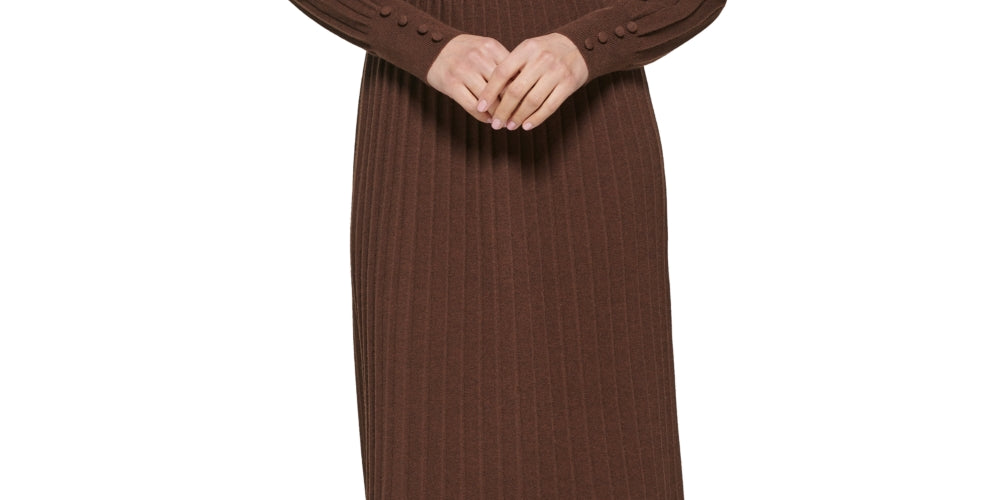 Kensie Women's Pintuck Long Sleeve Sweater Knit Dress Brown Size Medium