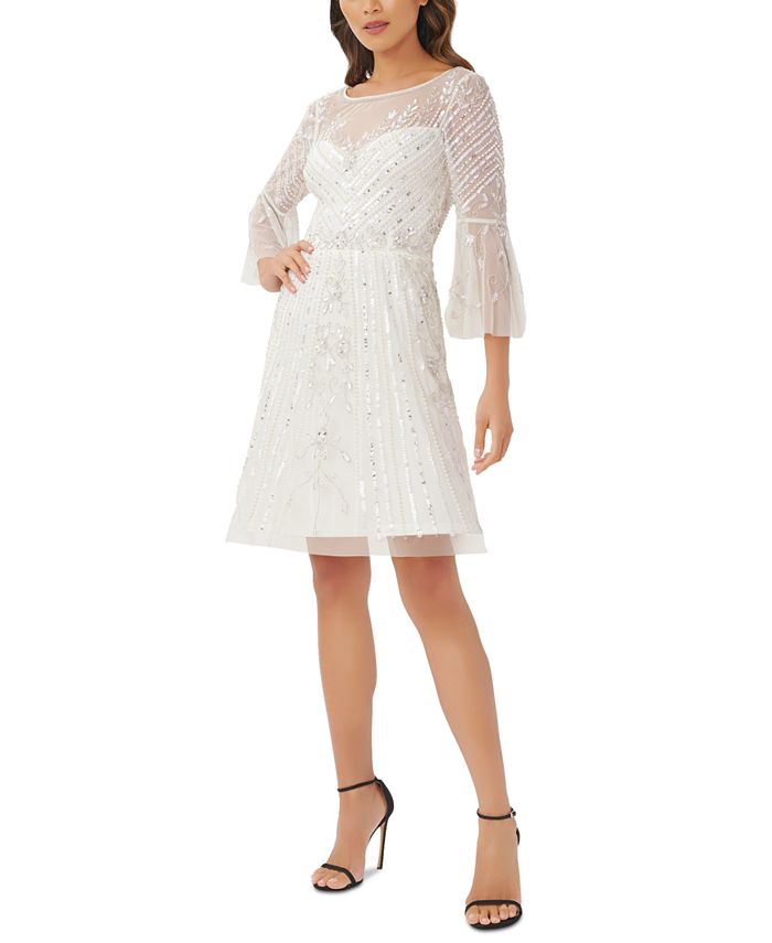 Adrianna Papell Women's Illusion Detail Flare Sleeve A Line Dress White Size 2