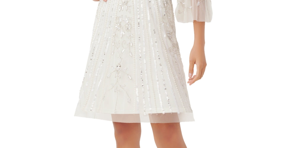 Adrianna Papell Women's Illusion Detail Flare Sleeve A Line Dress White Size 2