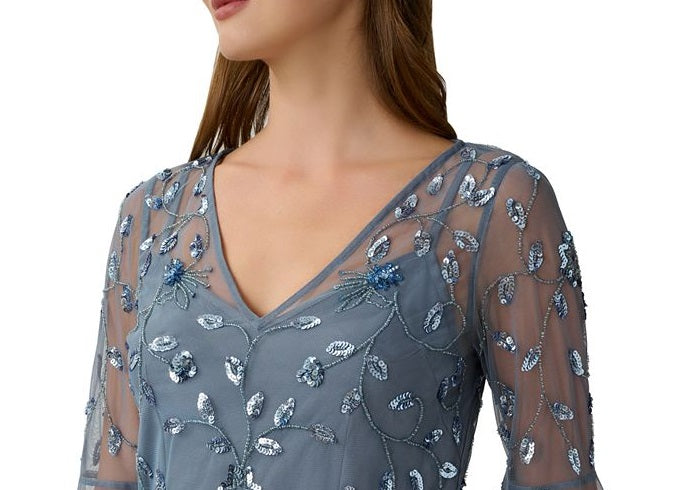 Adrianna Papell Women's V Neck Embellished Flare Sleeve Top Blue Size 10