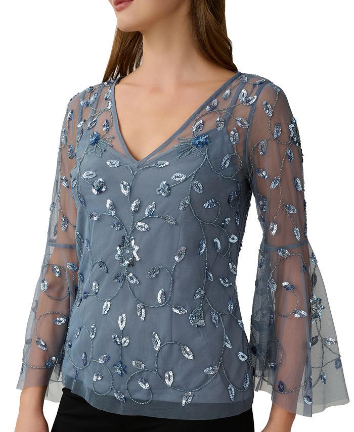 Adrianna Papell Women's V Neck Embellished Flare Sleeve Top Blue Size 10