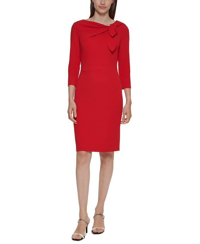 Calvin Klein Women's Bow Neck 3/4 Sleeve Sheath Dress Red Size 4 Petite