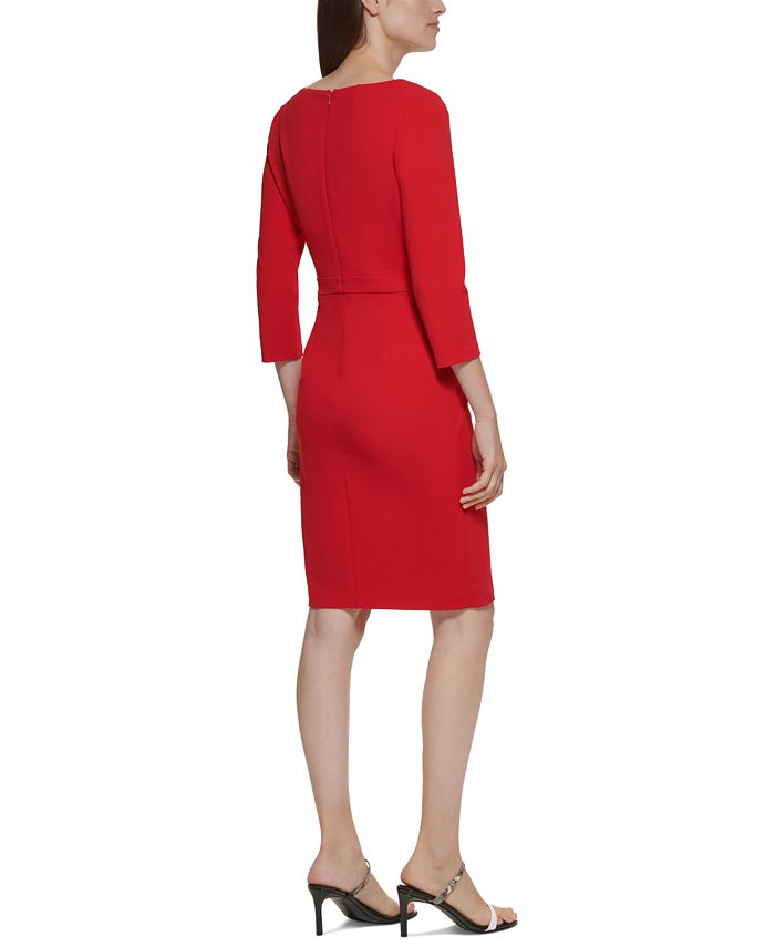 Calvin Klein Women's Bow Neck 3/4 Sleeve Sheath Dress Red Size 4 Petite