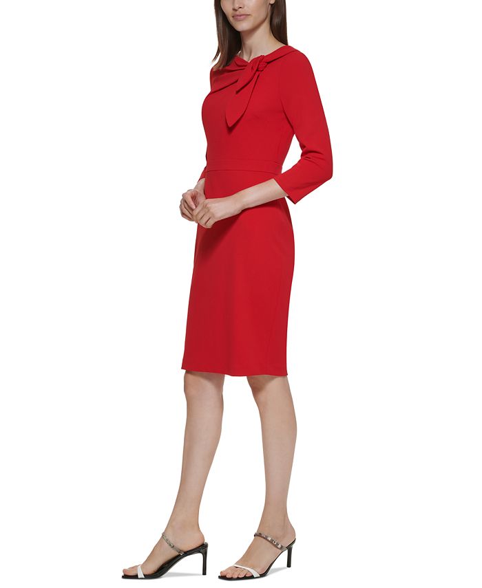 Calvin Klein Women's Bow Neck 3/4 Sleeve Sheath Dress Red Size 4 Petite