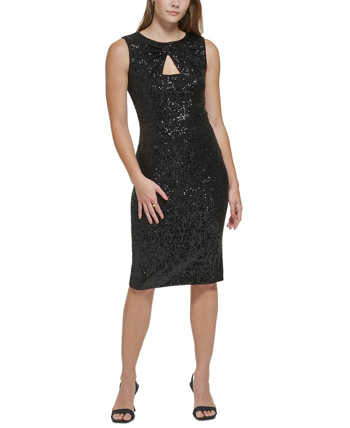 Calvin Klein Women's Sequin Keyhole Sleeveless Sheath Dress Black Size 6 Petite