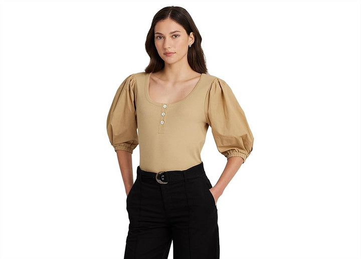 LAUREN Ralph Lauren Stretch Cotton Puff-Sleeve Henley Tee Brown