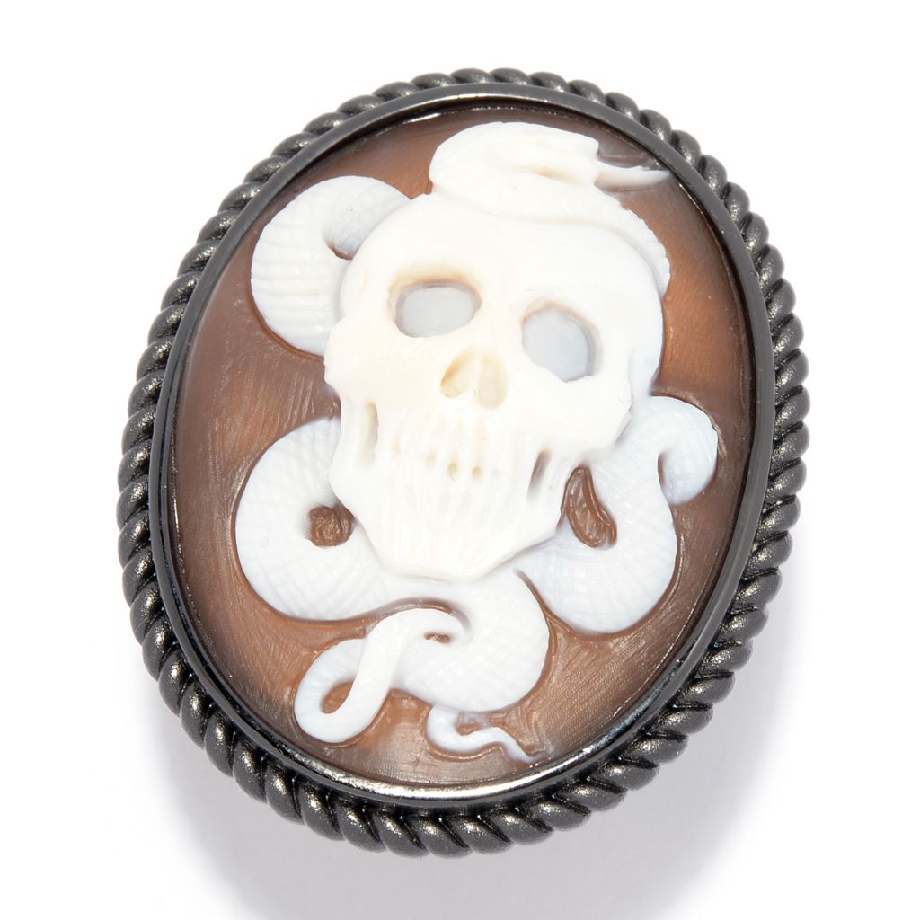 Cameo Italiano Rhodium Plated "Zeus" 38mm Skull & Snake Cameo Ring