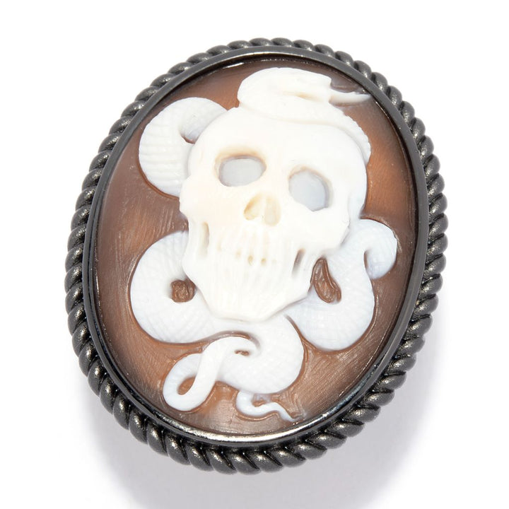 Cameo Italiano Rhodium Plated "Zeus" 38mm Skull & Snake Cameo Ring