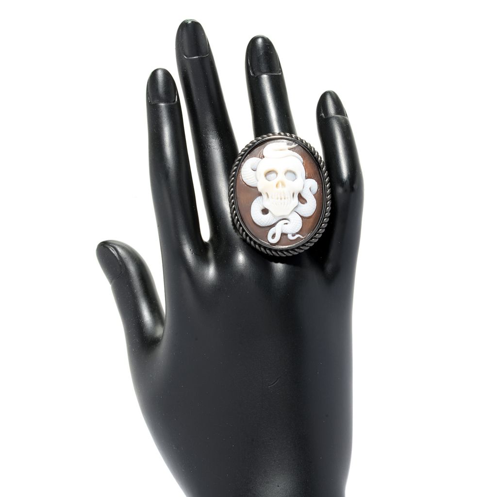Cameo Italiano Rhodium Plated "Zeus" 38mm Skull & Snake Cameo Ring