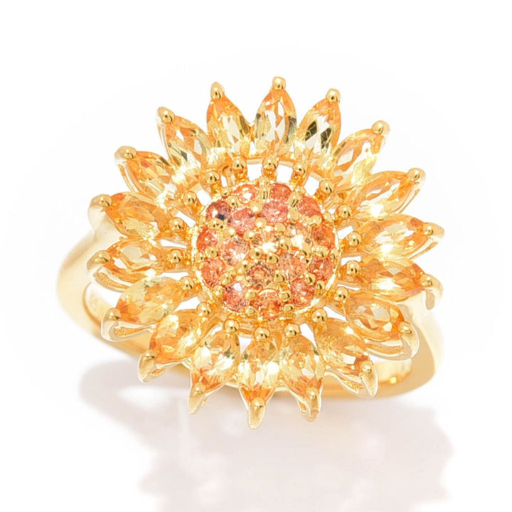 Gem Treasures 18K Vermeil 1.80ctw Citrine & Orange Sapphire Sunflower Ring