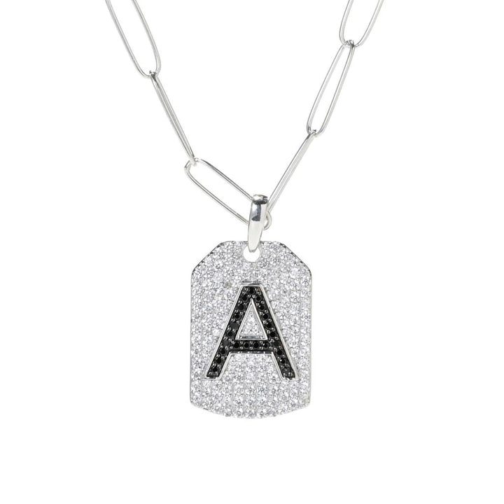Gem Treasures Black Spinel & White Zircon Initial Dog Tag w/ Chain