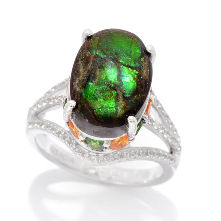 Gem Treasures 14x10mm Ammolite & Multi Gemstone High Set Ring