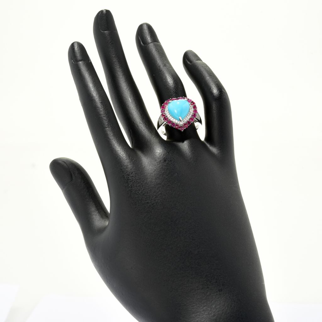 Gem Treasures Heart Shape Sleeping Beauty Turquoise, Ruby & Zircon Ring