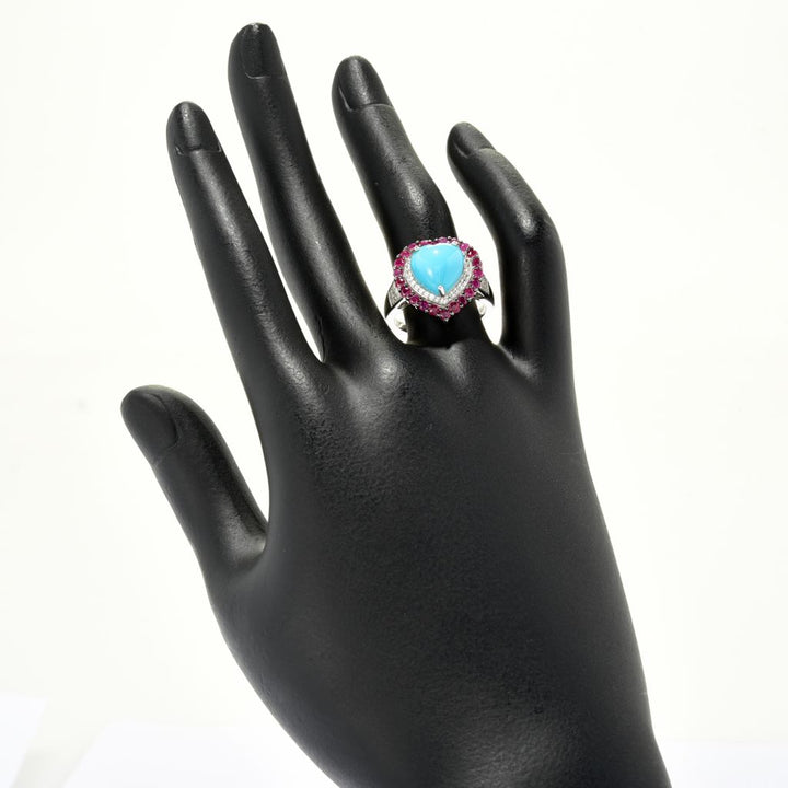 Gem Treasures Heart Shape Sleeping Beauty Turquoise, Ruby & Zircon Ring
