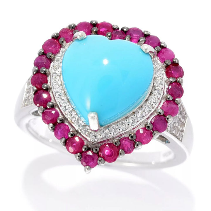 Gem Treasures Heart Shape Sleeping Beauty Turquoise, Ruby & Zircon Ring