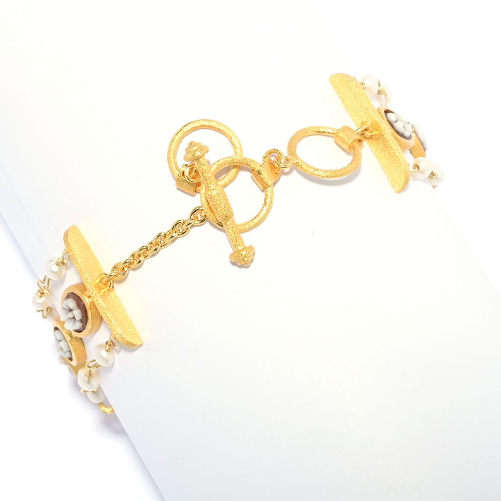 Cameo Italiano 18K Gold Plated "Anastasia" Flower Cameo & Cultured Pearl Bracelet