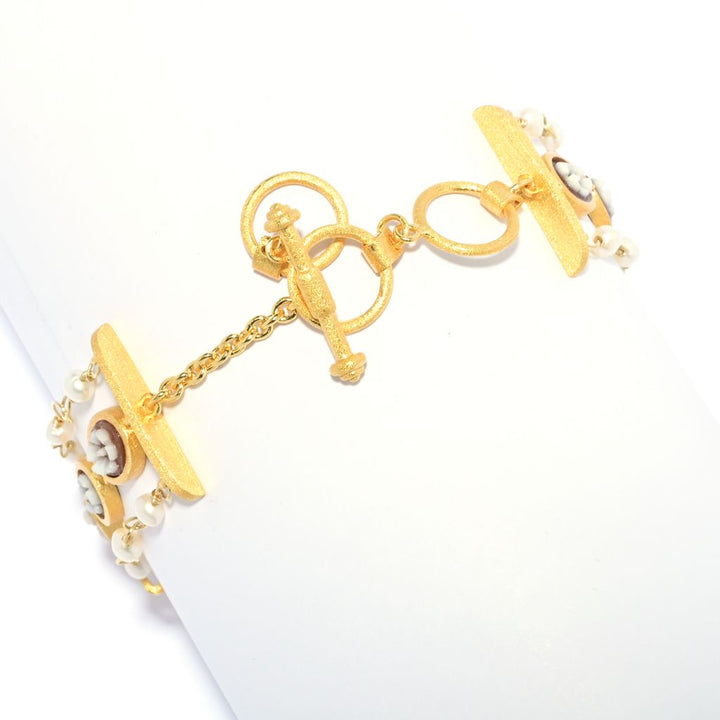Cameo Italiano 18K Gold Plated "Anastasia" Flower Cameo & Cultured Pearl Bracelet