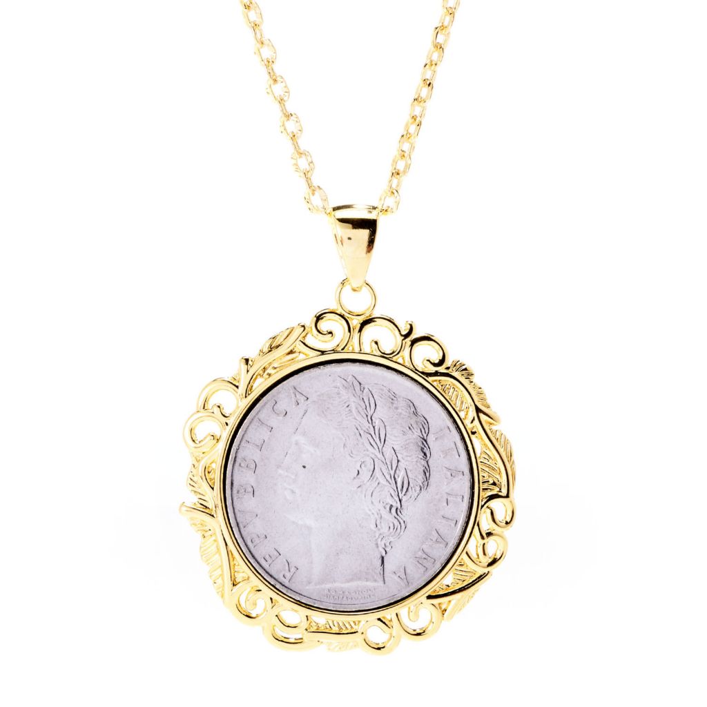 Toscana Italiana 18K Gold Plated Filigree Bezel Genuine 100 Lire Coin Pendant