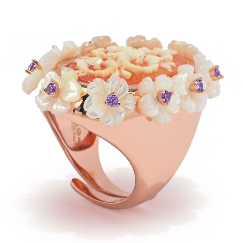 Cameo Italiano "Mucha" Flowers Shell Cameo, Mother-of-Pearl & Simulated Gem Ring