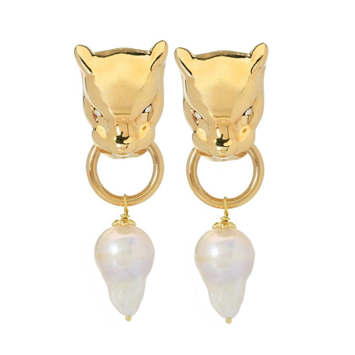 Graziella 23K Gold Plated Simulated Diamond & Baroque Pearl Panther Earrings