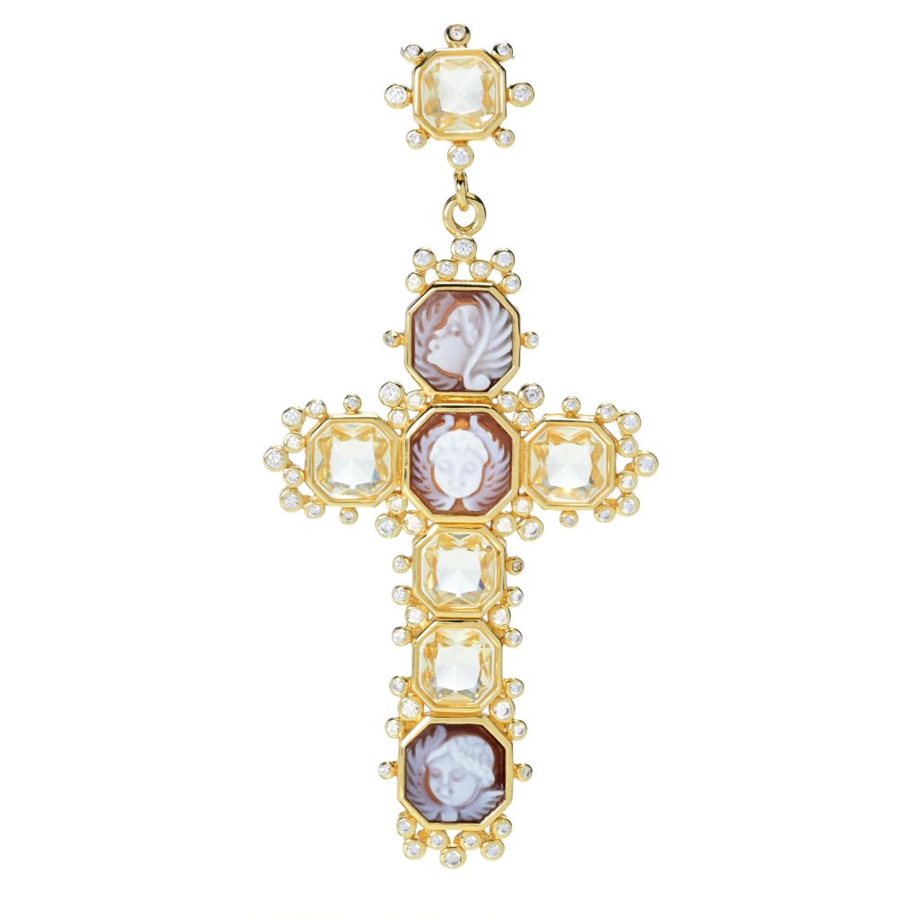 Cameo Italiano "Sissi" Angel Shell Cameo & Simulated Diamond Cross Pendant