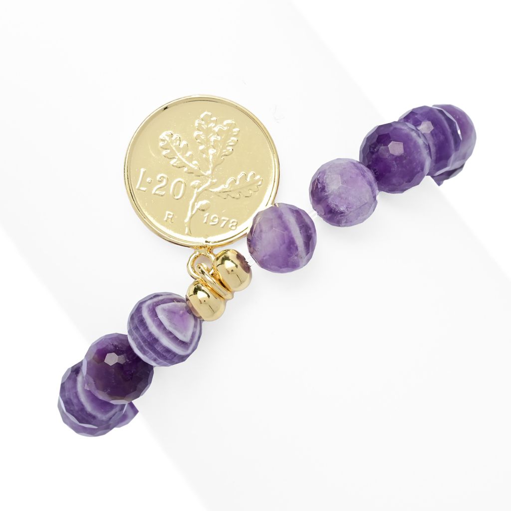 Toscana Italiana 18K Gold Plated 10m Bead Gem & Genuine 20 Lire Stretch Bracelet