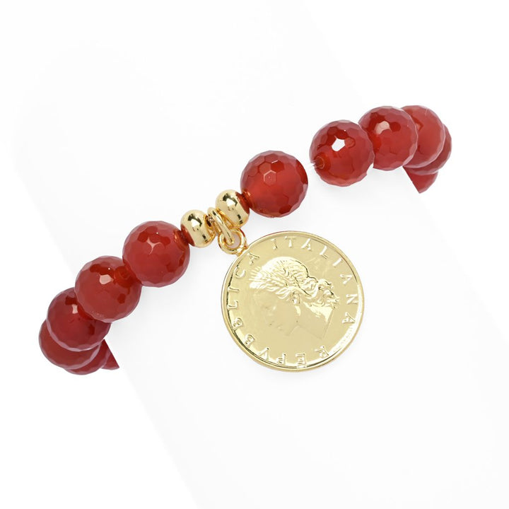 Toscana Italiana 18K Gold Plated 10m Bead Gem & Genuine 20 Lire Stretch Bracelet