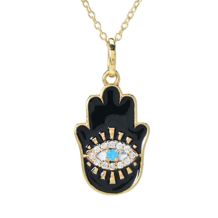 18K Gold Plated 0.19ctw Neon Apatite, Zircon & Enamel Hamsa Pendant w/ Chain