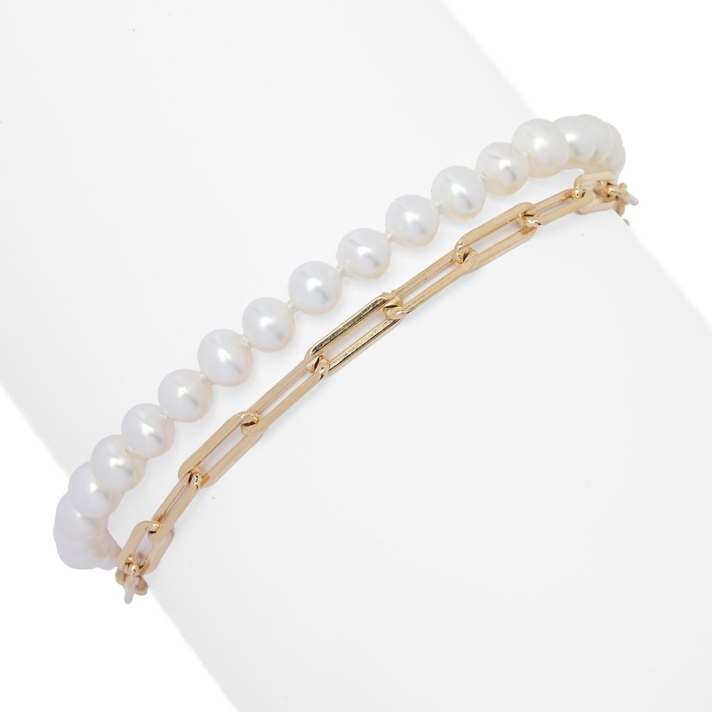 Imperial Pearl Freshwater Cultured Pearl & Paperclip Chain 2-Row Bracelet