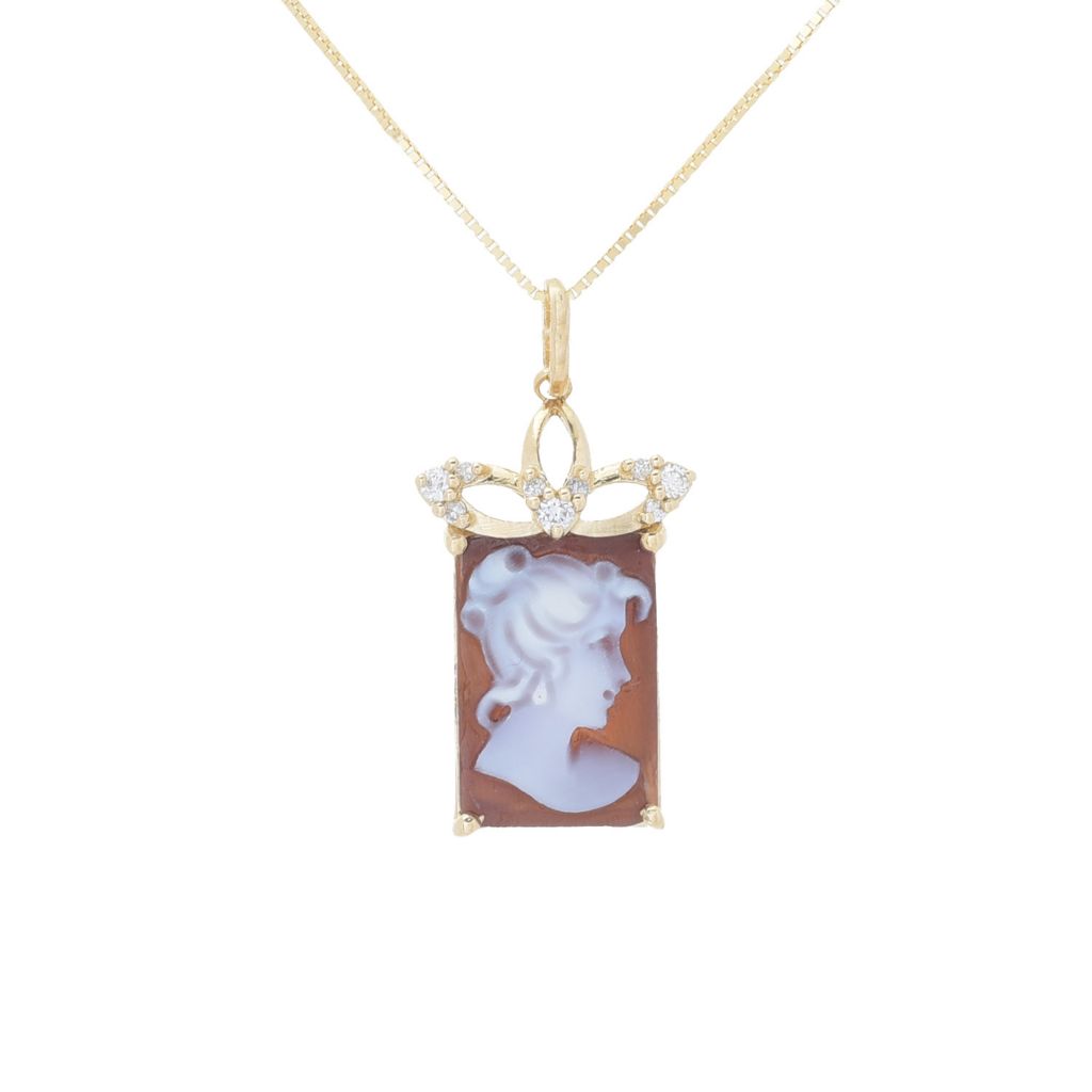 Cameo Italiano 14K Gold 13x9mm Portrait Cameo & Diamond Pendant w/ Chain