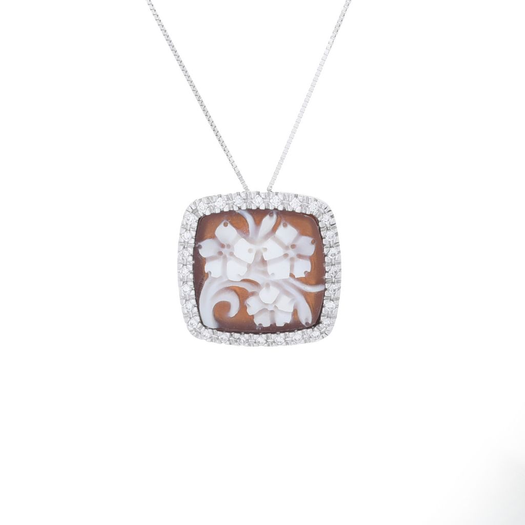 Cameo Italiano 14K Gold 14mm Floral Bouquet Cameo & Diamond Pendant w/ Chain