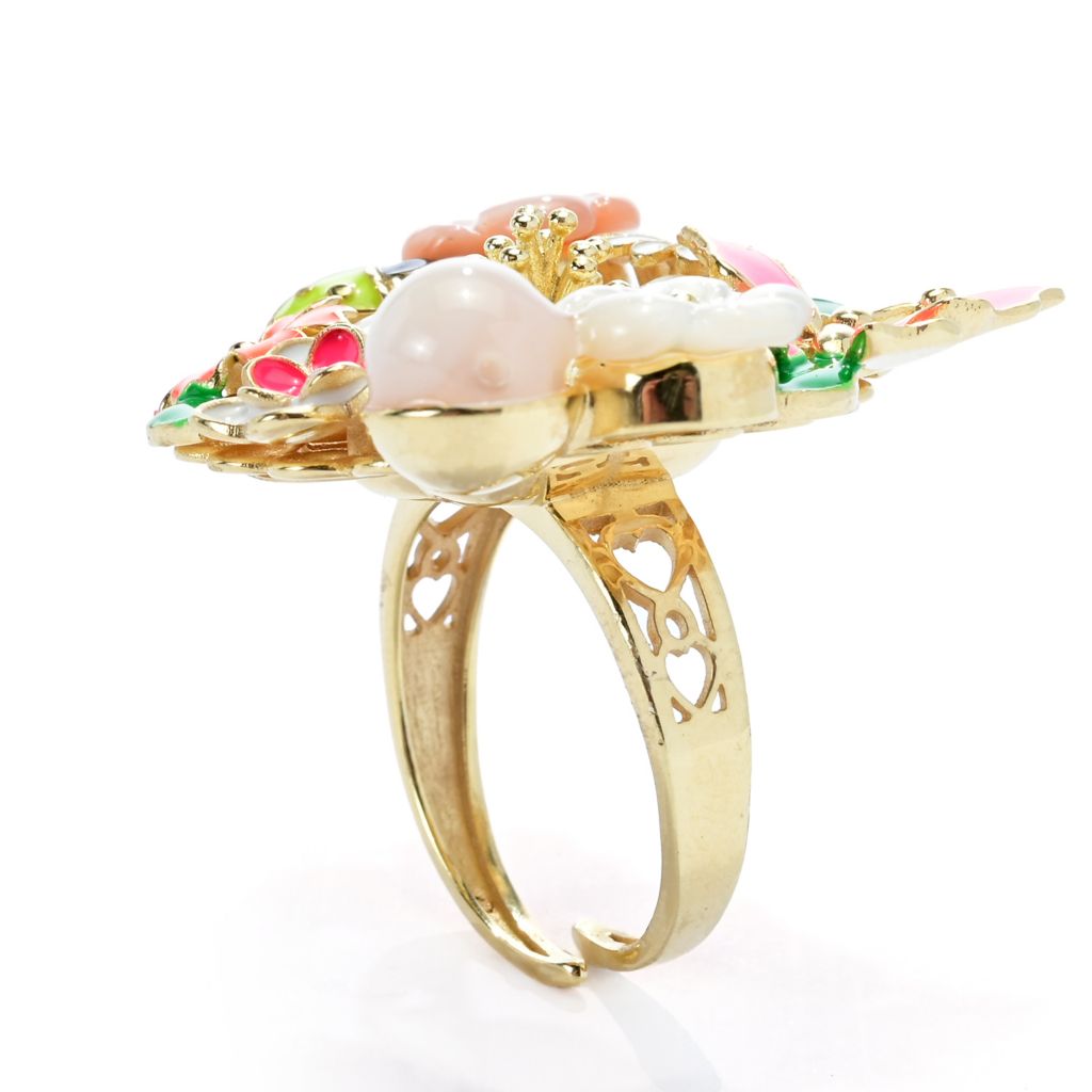 Graziella 23K Gold Plated Enamel & Mother-of-Pearl Floral Ring
