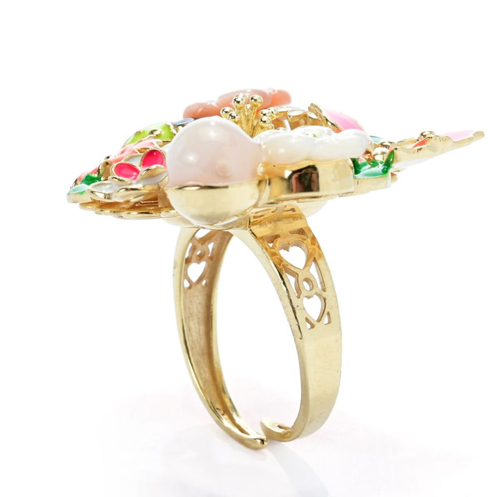 Graziella 23K Gold Plated Enamel & Mother-of-Pearl Floral Ring