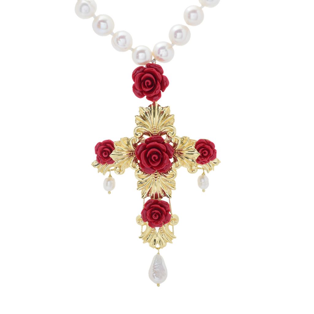 Graziella 23K Gold Plated Carved Rose Cross Pendant w/ Cultured Pearl Necklace