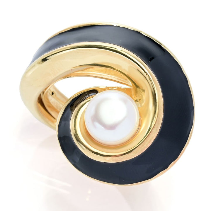 Graziella 23K Gold Plated 14mm Cultured Pearl & Enamel Wrap Ring