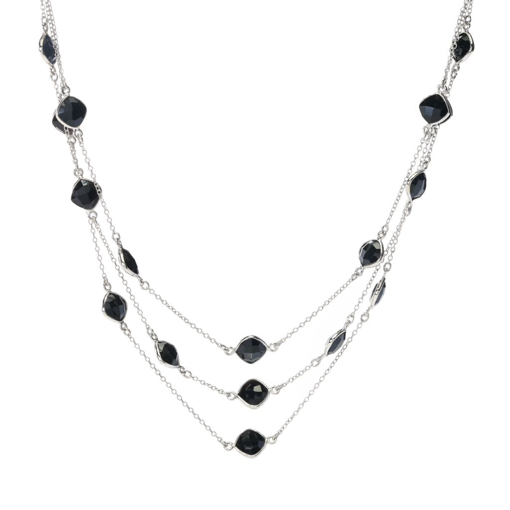 Elemental Gems 7mm Black Onyx Station 3-Row Layered Necklace