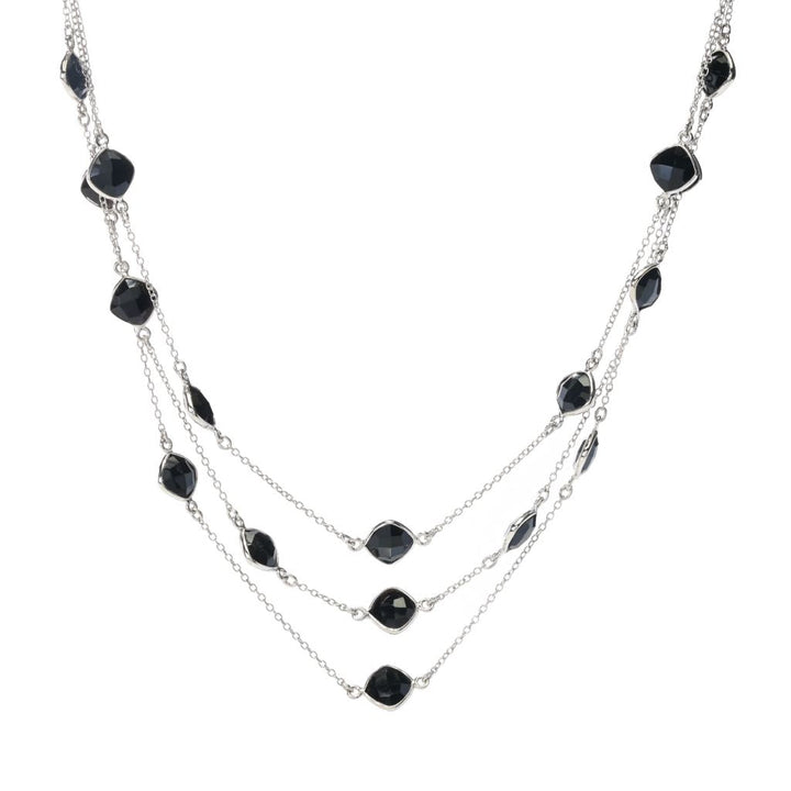 Elemental Gems 7mm Black Onyx Station 3-Row Layered Necklace