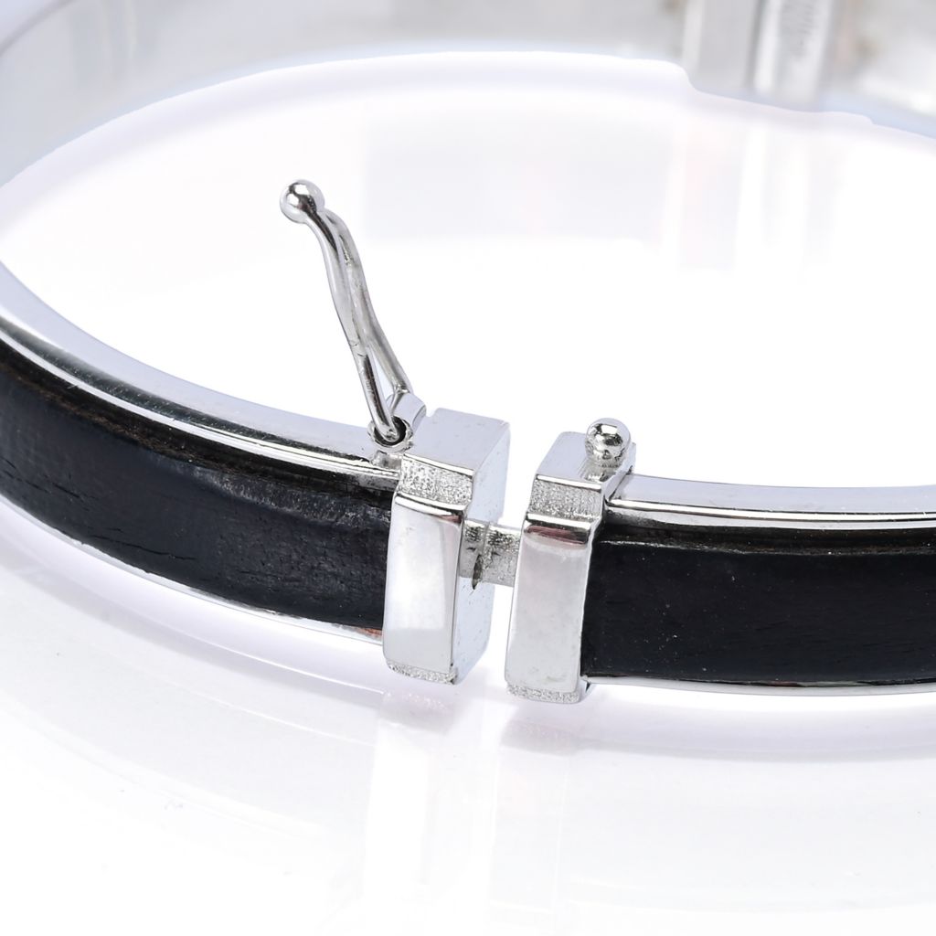Sorrento Italian Silver Genuine Leather Inset Hinged Bangle Bracelet