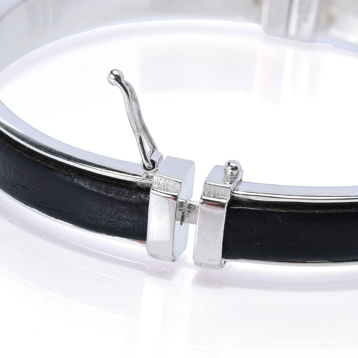 Sorrento Italian Silver Genuine Leather Inset Hinged Bangle Bracelet