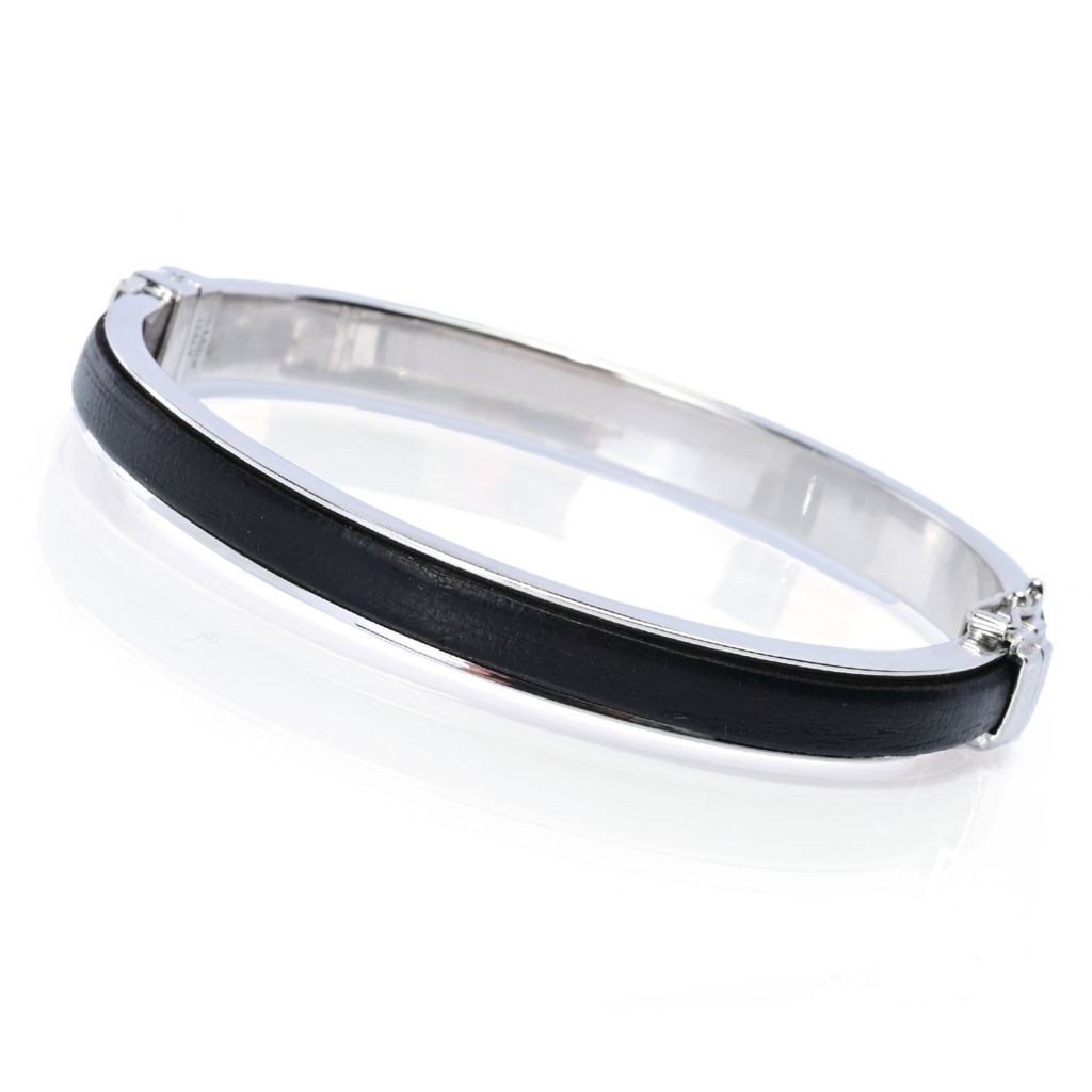Sorrento Italian Silver Genuine Leather Inset Hinged Bangle Bracelet