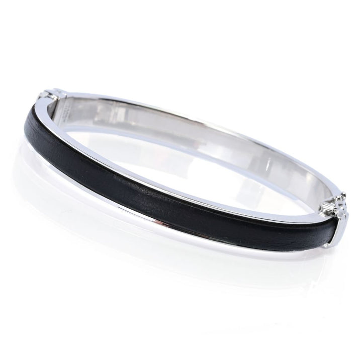 Sorrento Italian Silver Genuine Leather Inset Hinged Bangle Bracelet