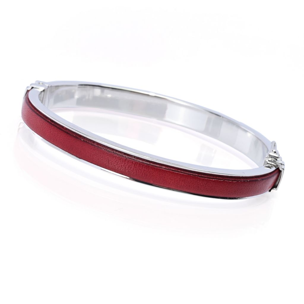Sorrento Italian Silver Genuine Leather Inset Hinged Bangle Bracelet
