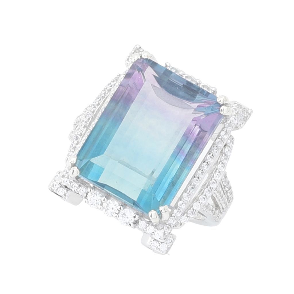 Gem Treasures 14.17ctw Emerald Cut Bicolor Fluorite & Zircon Ring