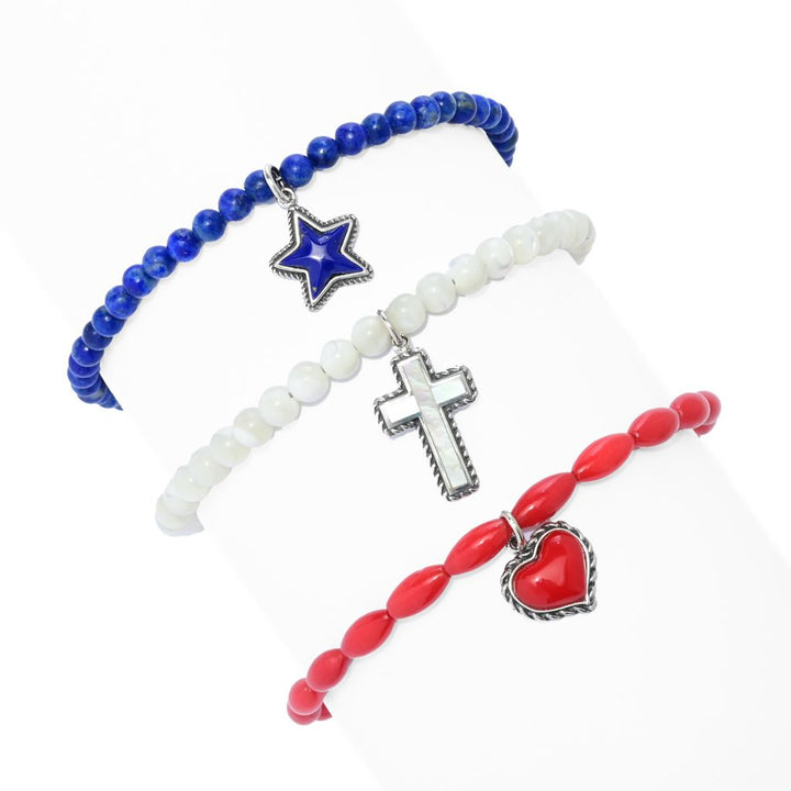Southwest Elements Set of 3 Gemstone Bead & Charm 7"+1.5" Bracelets