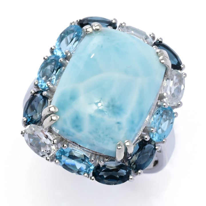 Gem Treasures Sterling Silver 16x12mm Larimar & Multi Topaz Halo Ring